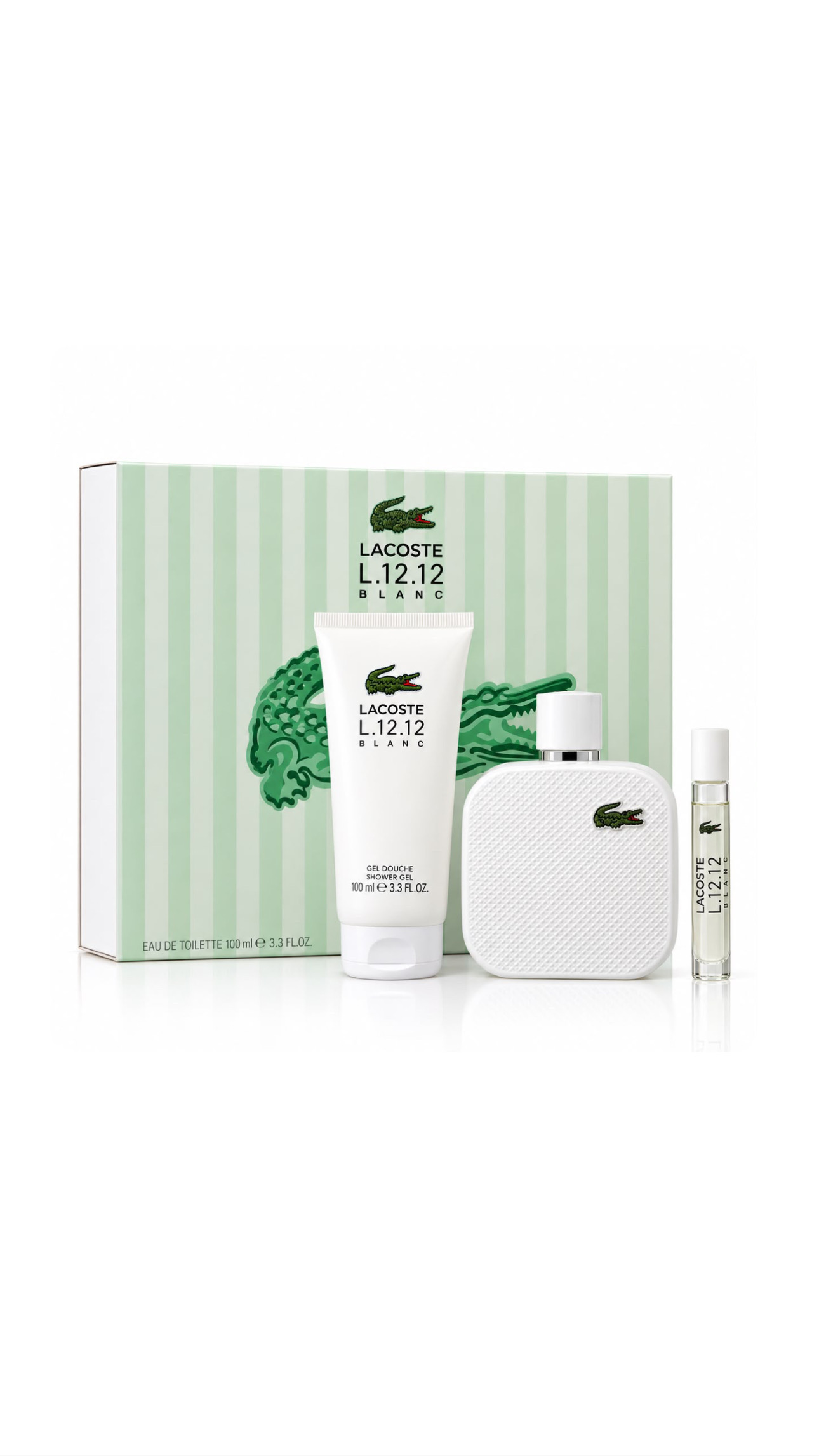 (LACOSTE L.12.12 BLANC EAU DE TOILETTE GIFT SET (100ml,100ml,7,5ml لاگوست بلانك بگج هدايا فاخر للرجال
