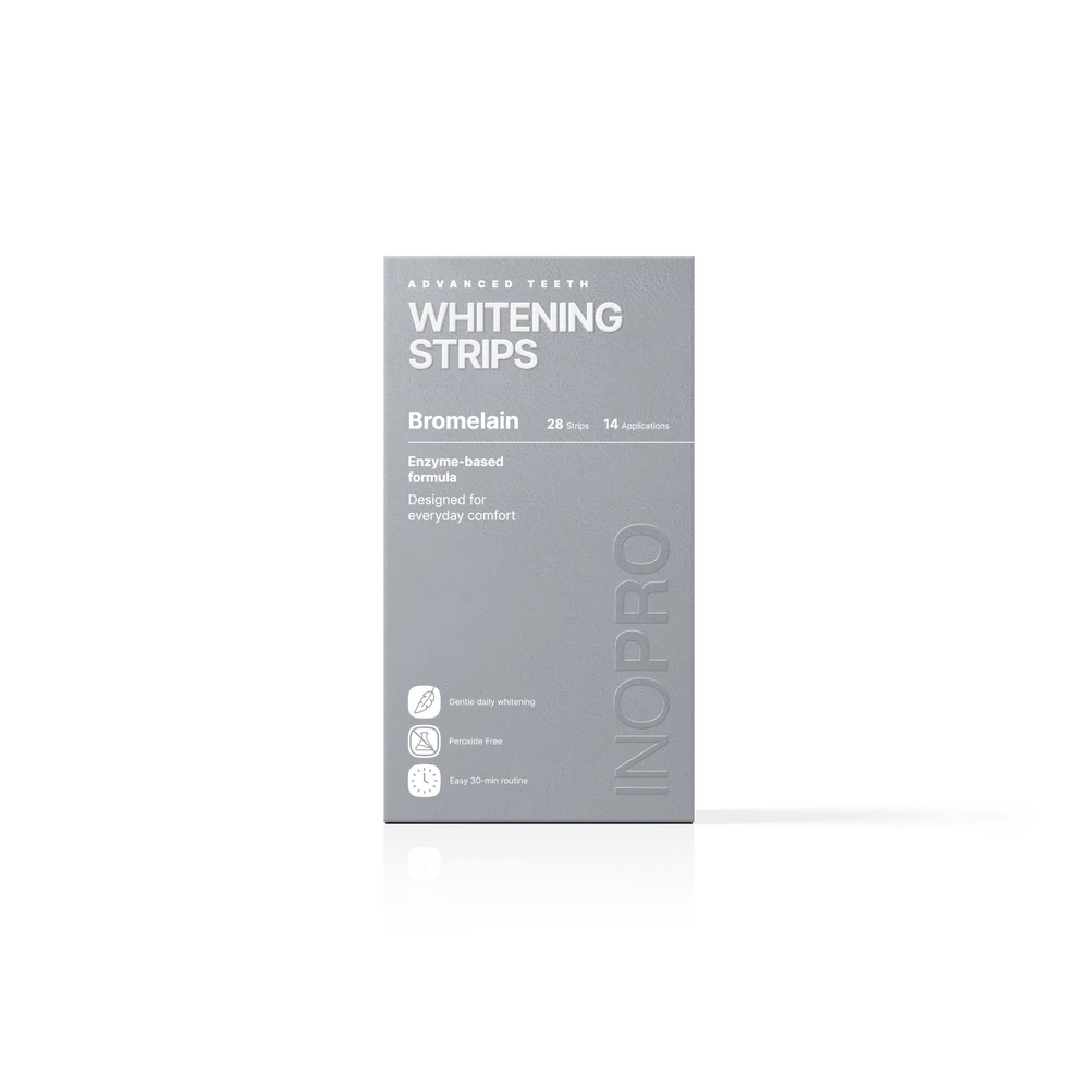 INOPRO Whitening Strips Bromelain Enzyme-Based Formula 28 Strips اينوبرو شرائط تبييض للاسنان تزيل البقع السطحية بلطف وتمنح الأسنان إشراقة