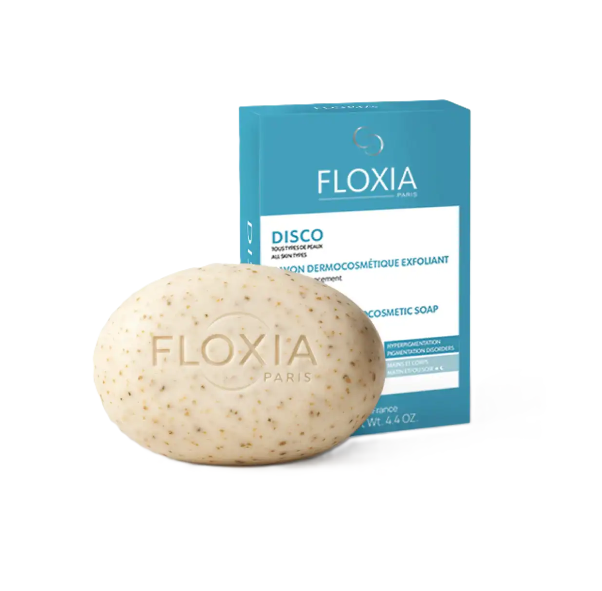 FLOXIA Disco Exfoliating Dermocosmetic Soap 125g فلوكسيا صابونة بمسحوق الطحالب البيضاء تقشر البشرة بلطف وتزيل الشوائب