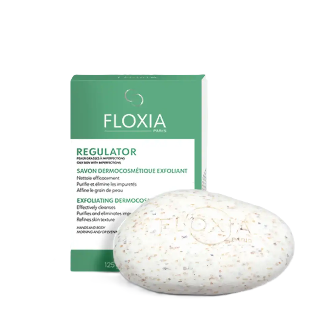 FLOXIA Regulator Exfoliating Dermocosmetic Soap 125g فلوكسيا صابون مقشر بالطحالب البيضاء ينظف الوجه والجسم ويقشر الخلايا الميتة
