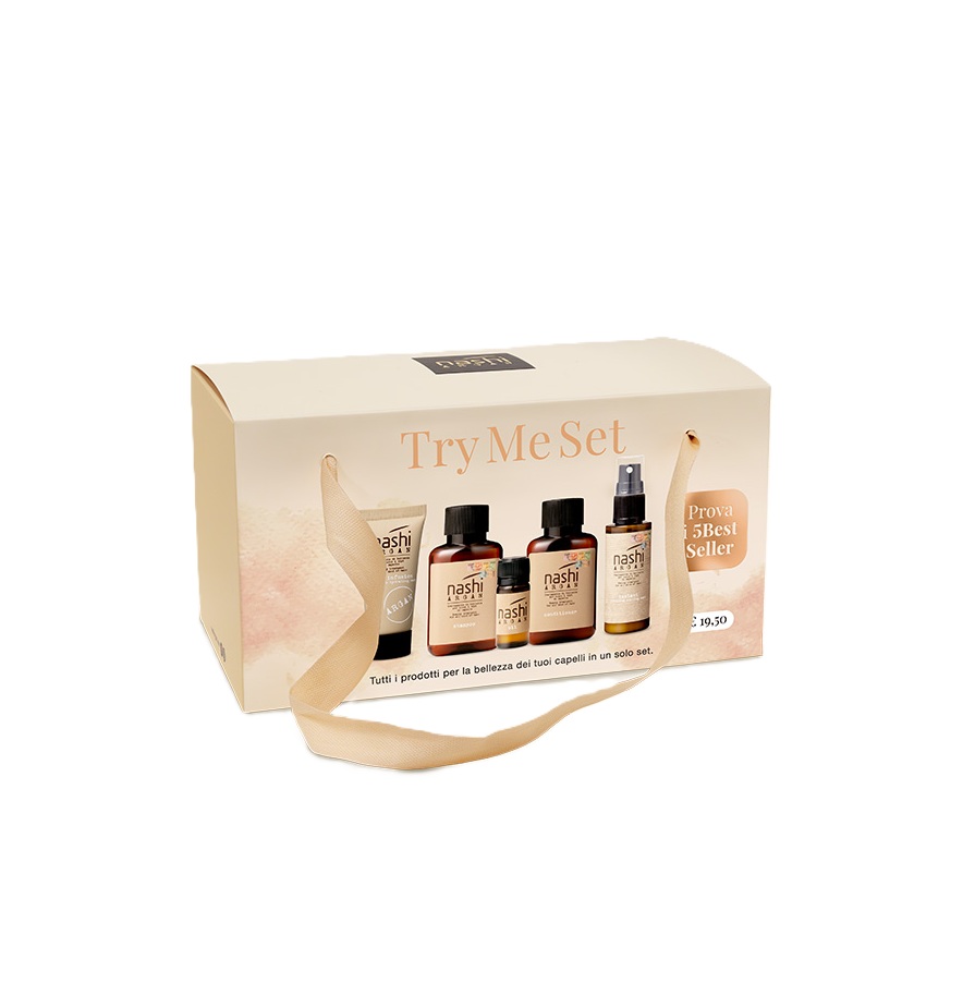 NASHİ ARGAN Try Me Set 5pcs ناشي ارجان مجموعة تغذي الشعر، تفك تشابكه، تمنع التجعد، وترمم التلف