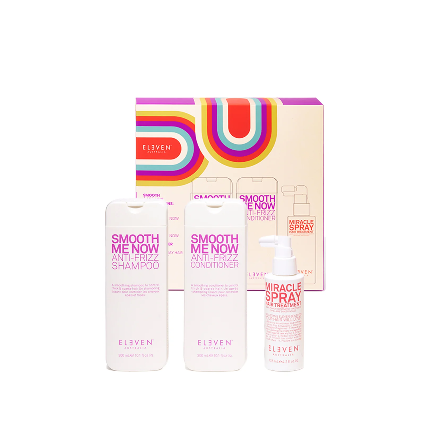 ELEVEN Smooth & Miracle Trio (Shampoo 300ml + Conditioner 300ml + Spray 125ml) إيليڤين مجموعة متكاملة للعناية بالشعر وتنعيمه
