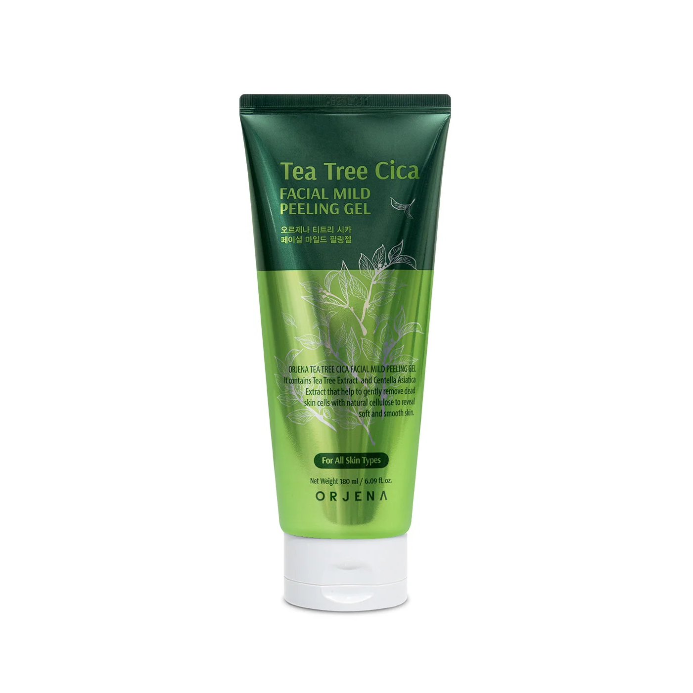 ORJENA Facial Mild Peeling Gel For All Skin Types180ml - Tea Tree Cica  اورجينا جل تقشير لطيف للبشرة بخلاصة شجرة الشاي والسيكا يزيل الخلايا الميتة والشوائب والدهون الزائدة