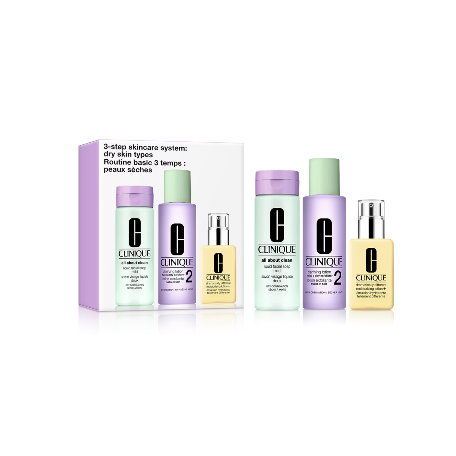 CLINIQUE 3-Step Skin Care System For Dry Skin (200ml + 200ml + 125ml) كلينيك مجموعة العناية بالبشرة الجافة