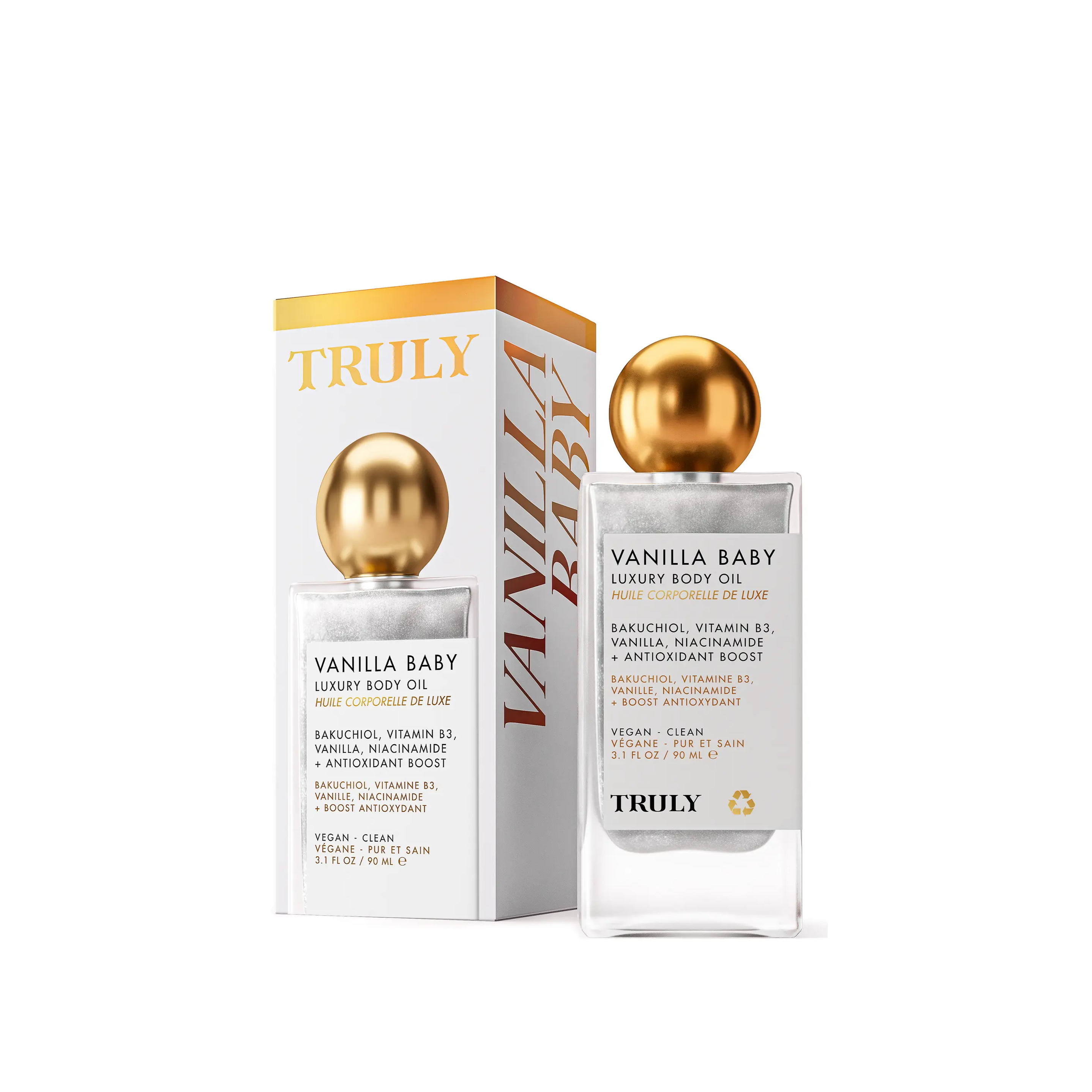 TRULY Vanilla Baby Luxury Body Oil 90ml  ترولي زيت جسم يمنح ترطيباً عميقاً ولمعاناً لؤلؤياً برائحة الفانيليا والكمثرى والكراميل